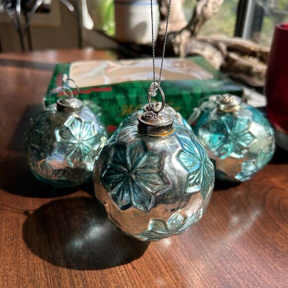 Vintage mercury glass Christmas ornaments mid-20th century snowflake teal silver